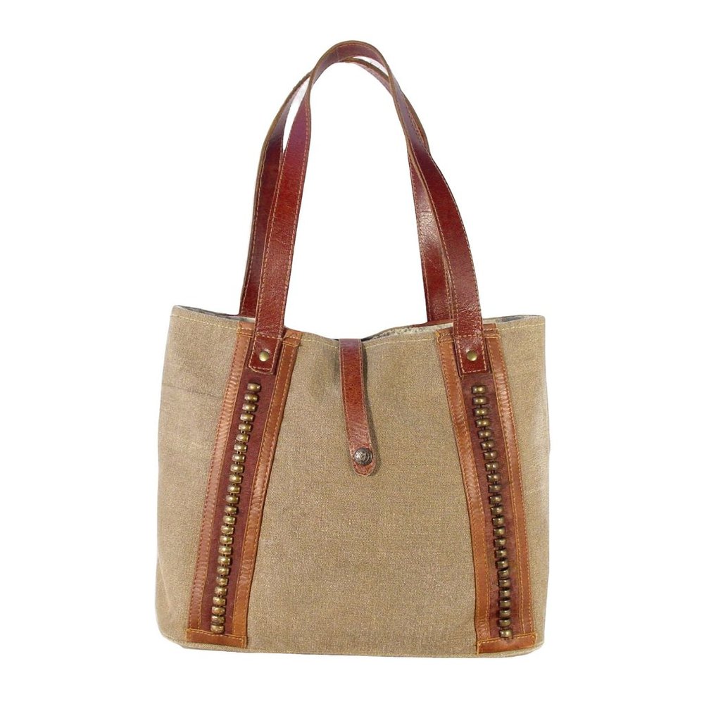 MONA B Upcycled Recycled Canvas and Leather Studded Tote Bag - Picture 1 of 11